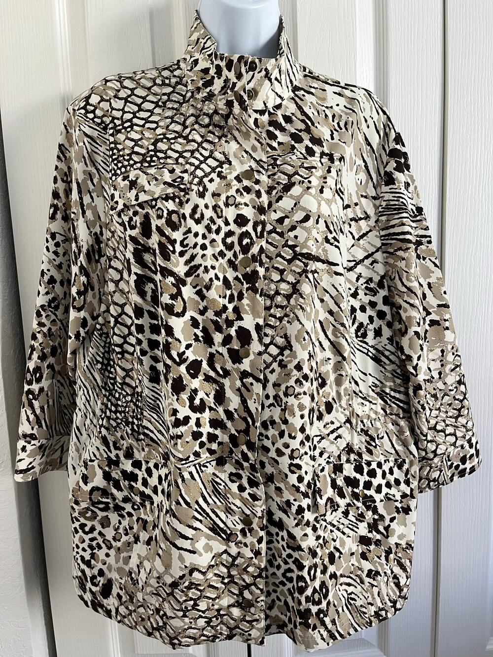 Zenergy by Chico's Womens Size 3 XL Animal Print Utility Jacket Gold Beige Brown